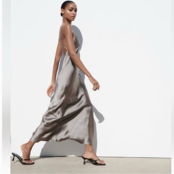 ZARA Midi Satin Slip Dress Grey charcoal - Picture 2 of 13